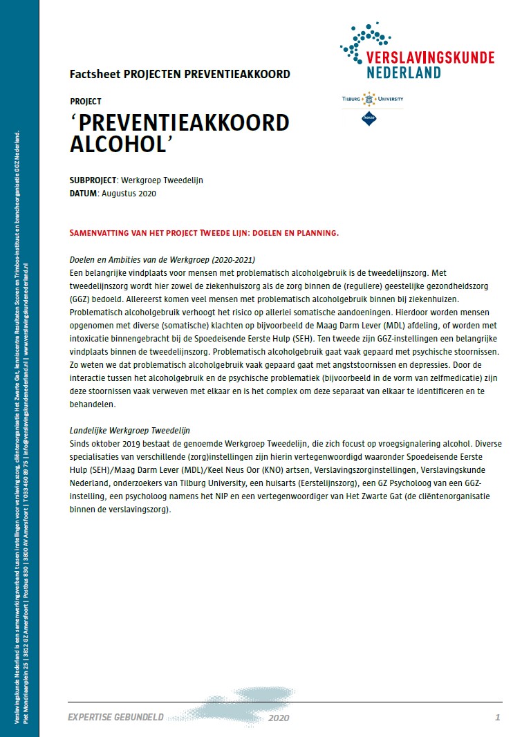 Factsheet Preventieakkoord Alcohol Werkgroep Tweedelijn