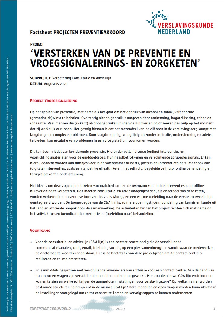 Factsheet versterken preventie en vroegsignalerings- en zorgketen – Verbetering Consultatie en Advieslijn